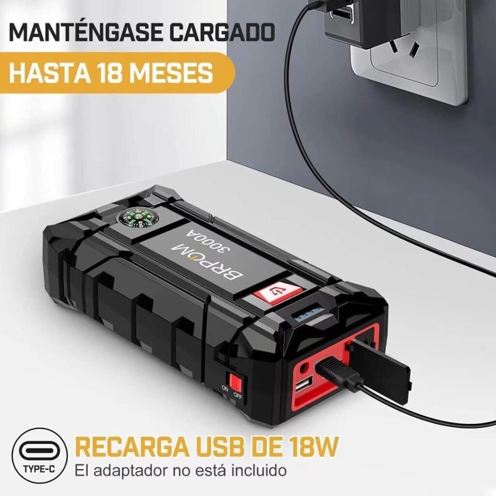 Arrancador BRPOM 3000 cargándose a través de USB, compatible con carga rápida