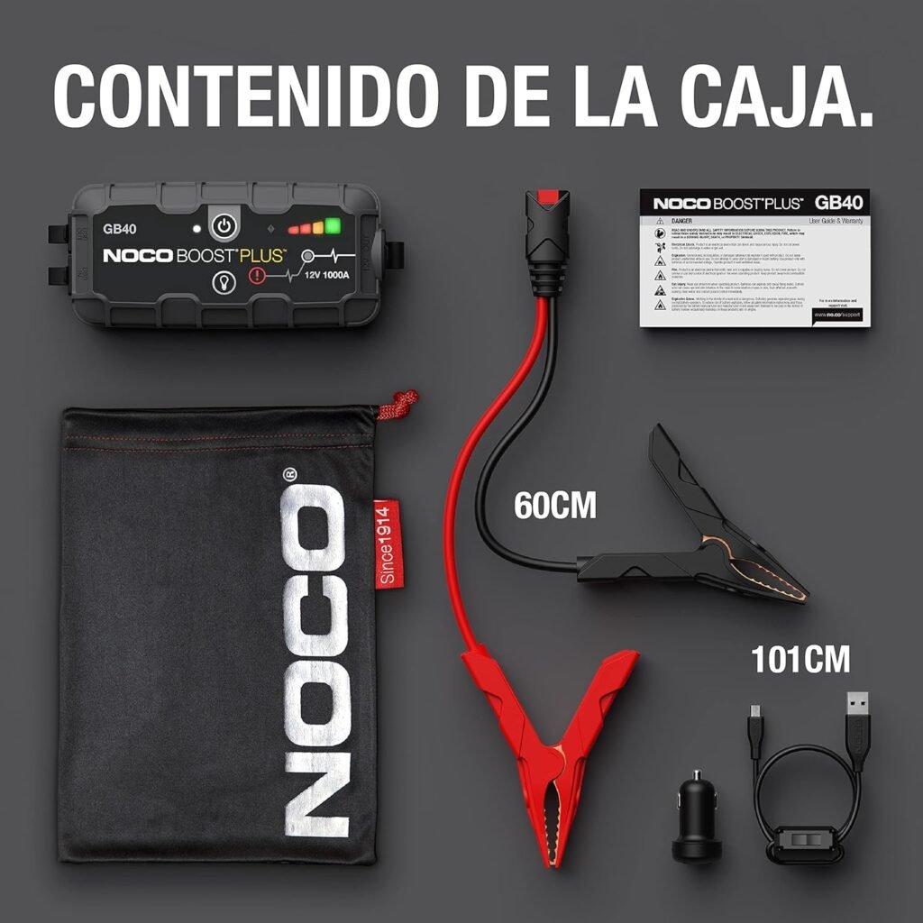 Contenido del paquete del NOCO Boost GB40, incluyendo cables, bolsa de transporte y manual de usuario