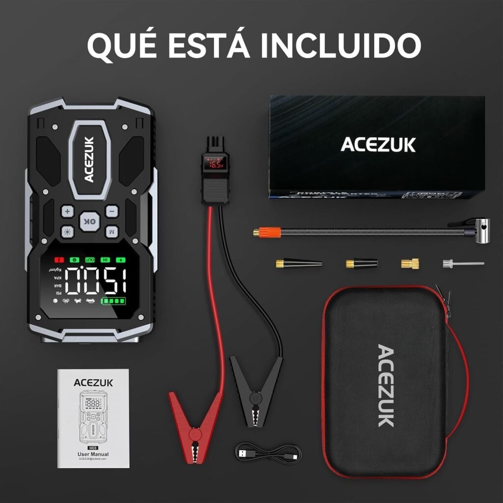 Contenido del paquete del ACEZUK M03, incluyendo el dispositivo, cables, pinzas, accesorios para el compresor, manual de usuario y estuche de transporte