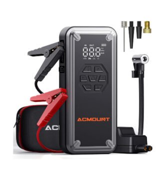 Arrancador de baterías ACMOUNT con compresor de aire portátil y accesorios, ideal para emergencias automotrices