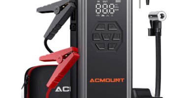 Arrancador de baterías ACMOUNT con compresor de aire portátil y accesorios, ideal para emergencias automotrices
