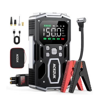 Imagen principal del arrancador de baterías ACEZUK M03 con compresor de aire, mostrando el dispositivo completo junto a sus accesorios incluidos como pinzas, mangueras y estuche de transporte