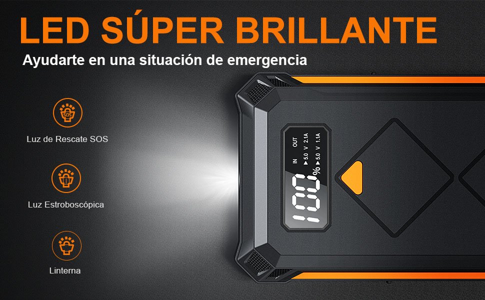 ACMOUNT Arrancador de Baterías 4000A con luz LED súper brillante, ideal para emergencias. Incluye modos de luz de rescate SOS, estroboscópica y linterna para máxima utilidad en situaciones de baja visibilidad