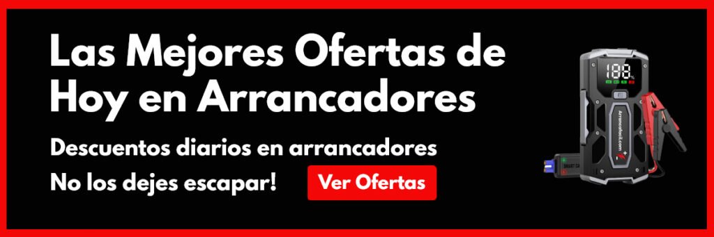 Banner promocional de ofertas diarias en arrancadores de batería en Arrancafacil.com, con enlace directo a Amazon para encontrar descuentos exclusivos