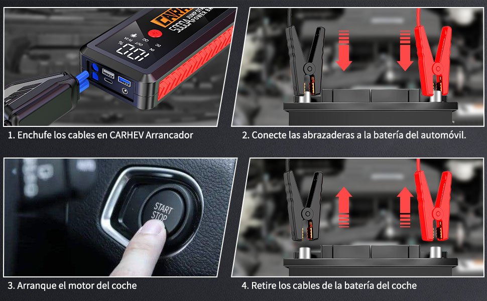 Pasos para usar el arrancador CARHEV 5000A: conexión de cables, encendido del motor, y almacenamiento seguro tras su uso