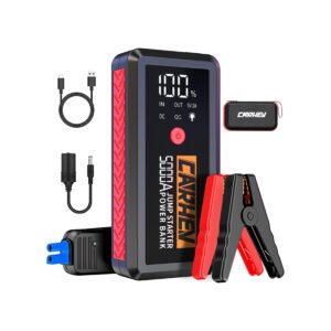 Arrancador de baterías CARHEV 5000A con cables inteligentes, pantalla LCD y diseño compacto. Ideal para motores de gasolina y diésel, con funciones de banco de energía