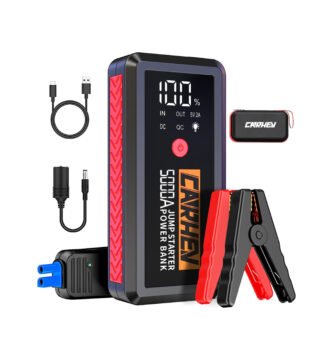 Arrancador de baterías CARHEV 5000A con cables inteligentes, pantalla LCD y diseño compacto. Ideal para motores de gasolina y diésel, con funciones de banco de energía