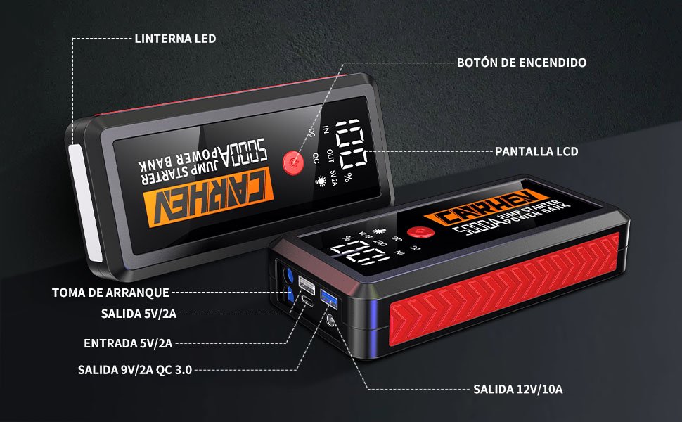Vista detallada del arrancador CARHEV 5000A, mostrando pantalla LCD, linterna LED y puertos de carga rápida QC 3.0