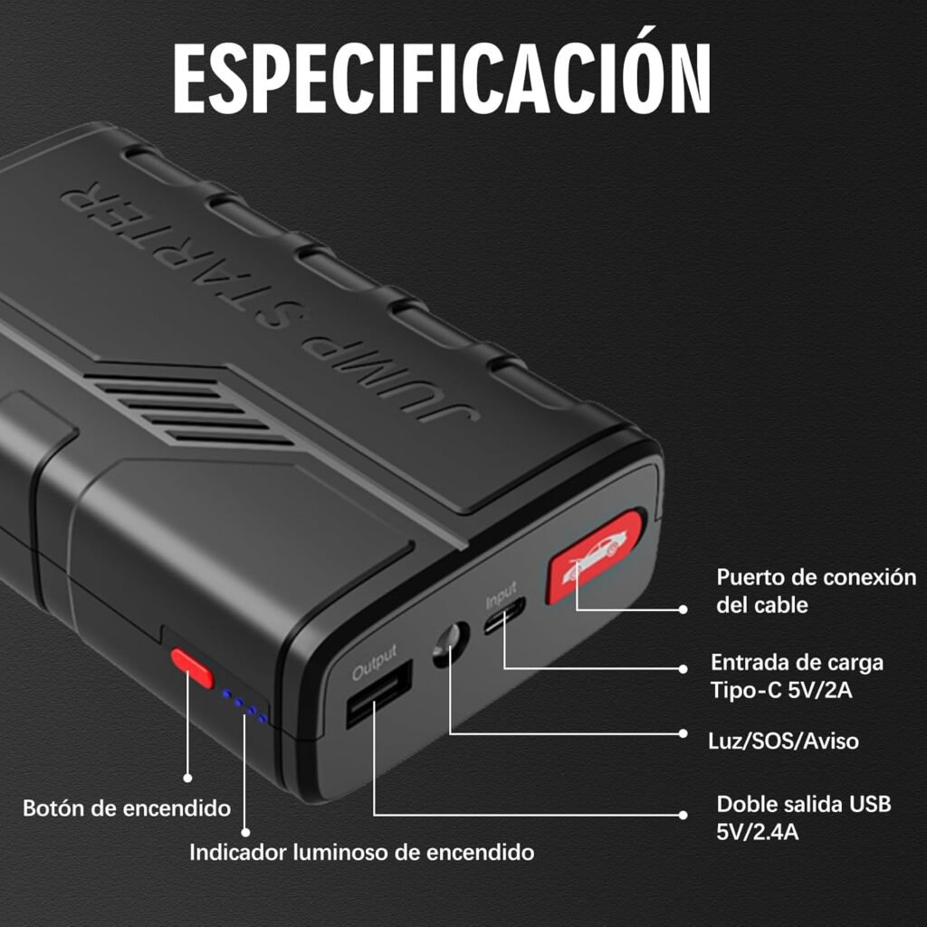 Especificaciones del arrancador Momowin 1500A, mostrando puertos USB, luz LED, entrada Tipo-C y botón de encendido