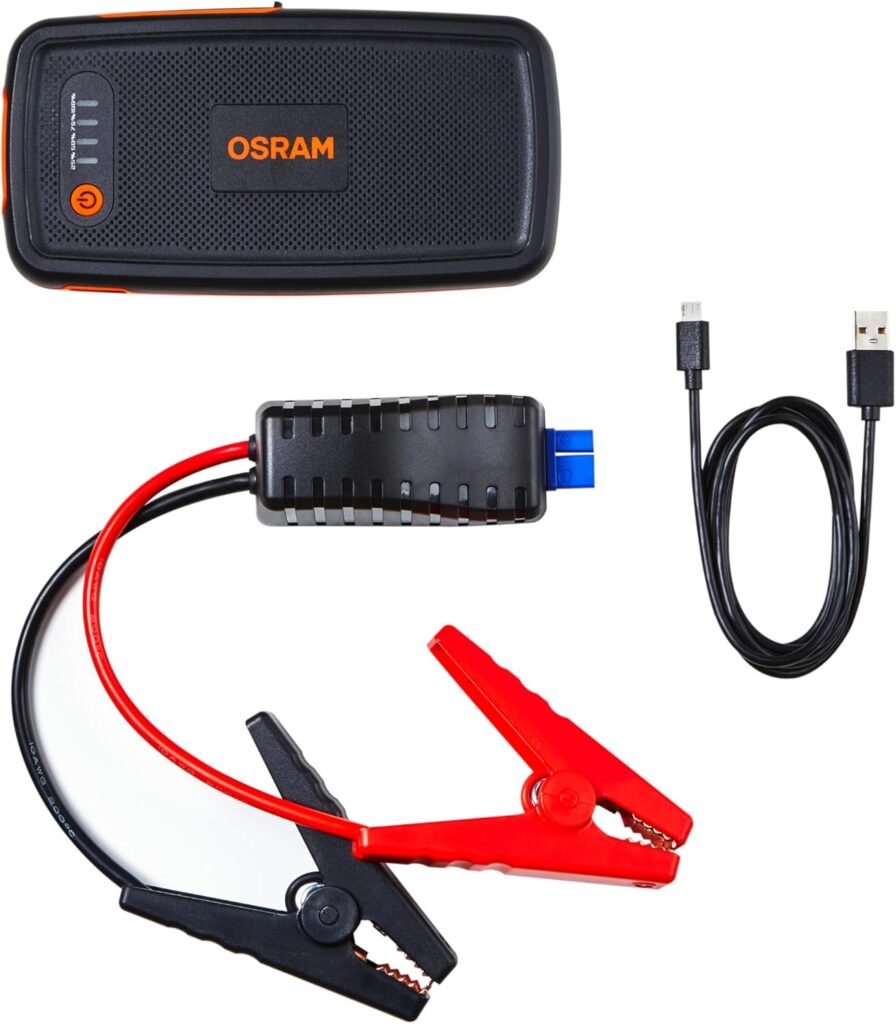 Arrancador de baterías compacto OSRAM BATTERYstart 200 con pinzas y cable de carga incluidos.