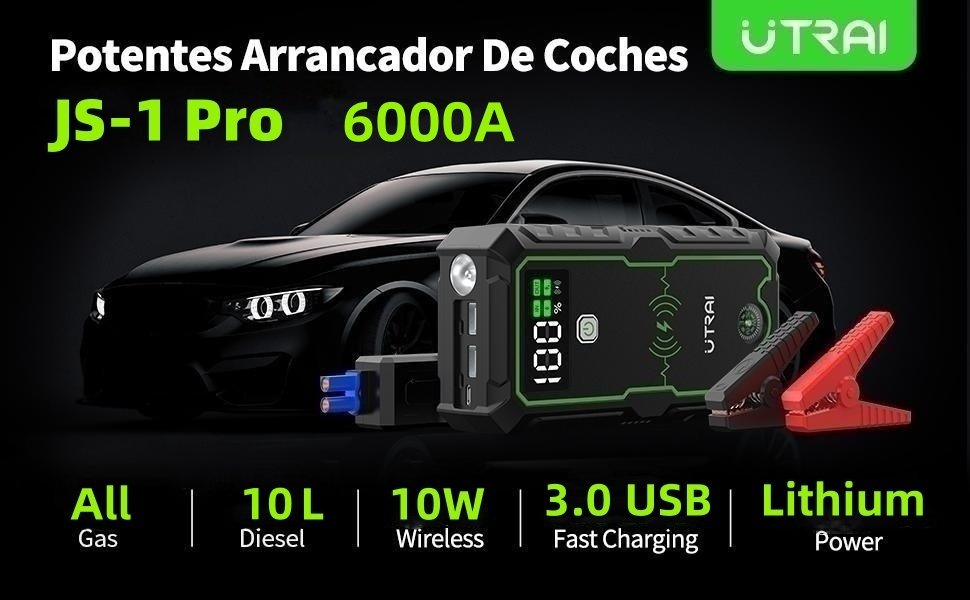 Imagen promocional del arrancador de baterías UTRAI JS1-PRO 6000A, destacando características como 10L de capacidad para motores diésel, carga inalámbrica de 10W, USB 3.0 de carga rápida y batería de litio