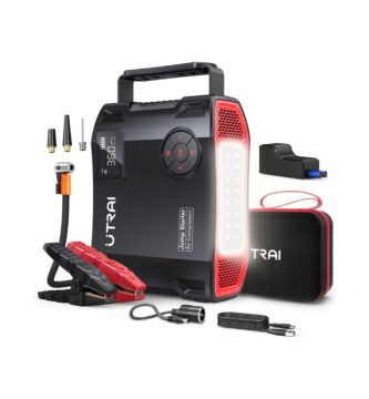 Arrancador de baterías UTRAI JS5 con compresor de aire, mostrando el dispositivo junto a sus accesorios principales: pinzas, infladores y cable USB