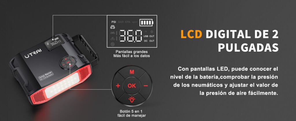 Pantalla LED del UTRAI JS5 con indicadores digitales para presión de neumáticos y nivel de batería, destacando su diseño intuitivo y fácil de usar