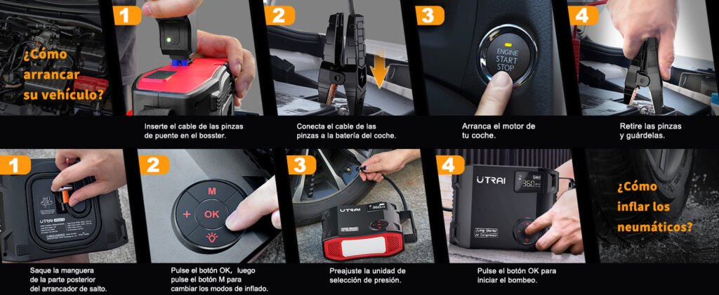 Instrucciones paso a paso para utilizar el UTRAI JS5 como arrancador de baterías y como inflador de neumáticos, con imágenes ilustrativas