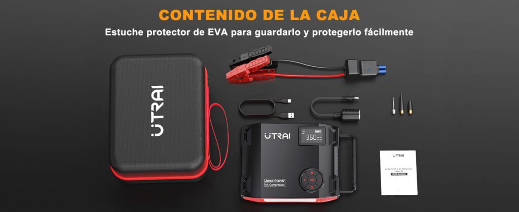 Contenido completo del paquete UTRAI JS5: estuche protector, dispositivo principal, pinzas de arranque, cable USB, accesorios de inflado y manual de usuario