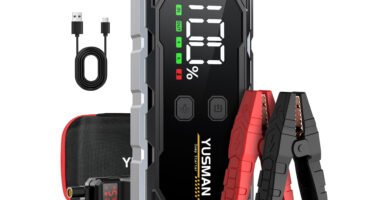 Arrancador de coches Yusman 4000A con cables de arranque inteligentes, pantalla LED, cable USB-C y bolsa de transporte incluida