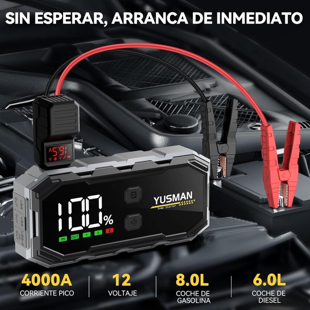 Arrancador de coches Yusman 4000A en acción, mostrando conexión a un motor, corriente pico de 4000A y capacidad para motores de gasolina de 8.0L y diésel de 6.0L