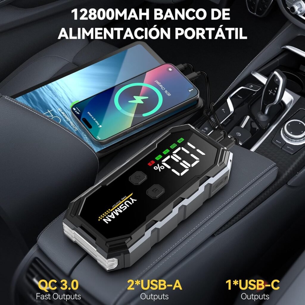 Arrancador de coches Yusman 4000A funcionando como banco de energía portátil de 12800mAh, cargando dispositivos móviles con salidas QC 3.0, USB-A y USB-C