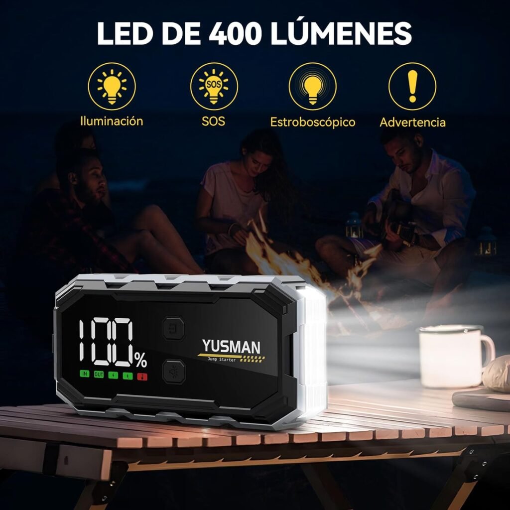 Arrancador de coches Yusman 4000A con luz LED de 400 lúmenes, ideal para emergencias, con modos de iluminación, SOS, estroboscópico y advertencia