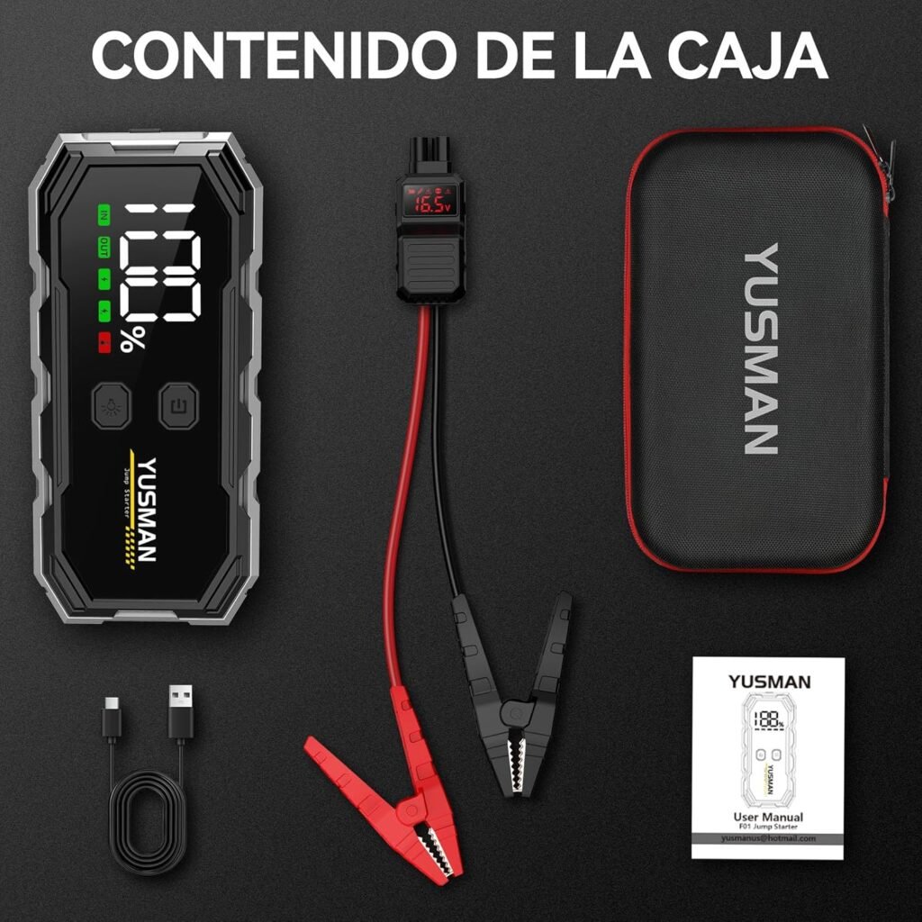 Contenido de la caja del arrancador Yusman 4000A: dispositivo principal, pinzas inteligentes con pantalla LED, cable de carga USB-C, funda de transporte y manual de usuario