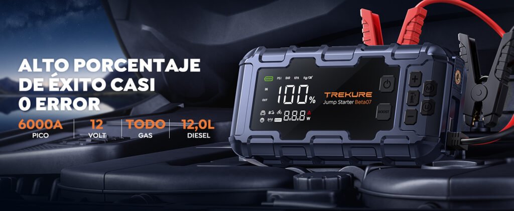 Trekure Beta07 arrancador de coche con 6000A, indicado para motores diésel hasta 12.0L y gasolina, con pantalla digital y alta tasa de éxito en arranques