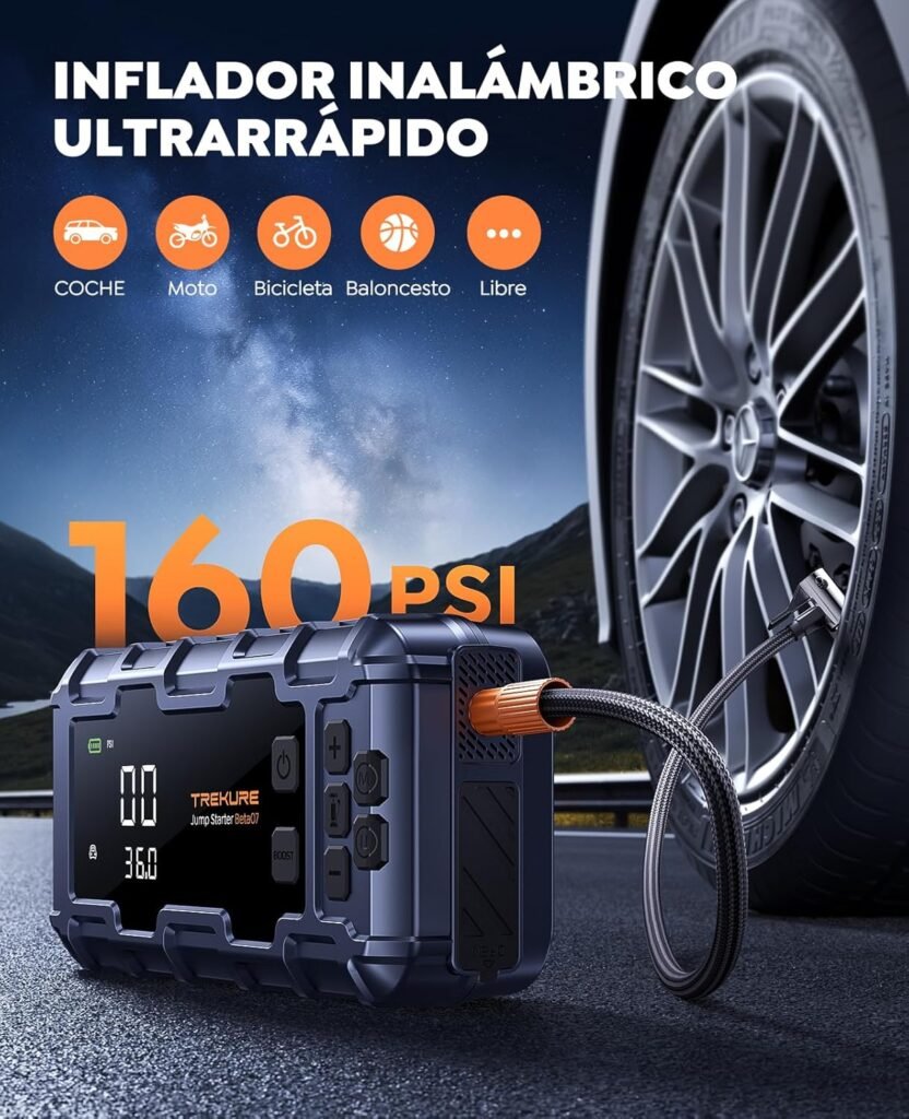 Detalle del inflador inalámbrico del Trekure Beta07, con capacidad de 160 PSI y funciones avanzadas para autocaravanas