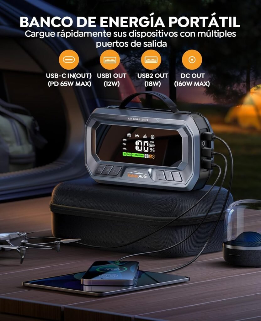 YaberAuto YA90 cargando dispositivos electrónicos con sus múltiples puertos USB y carga rápida de 65W, ideal para autocaravanas