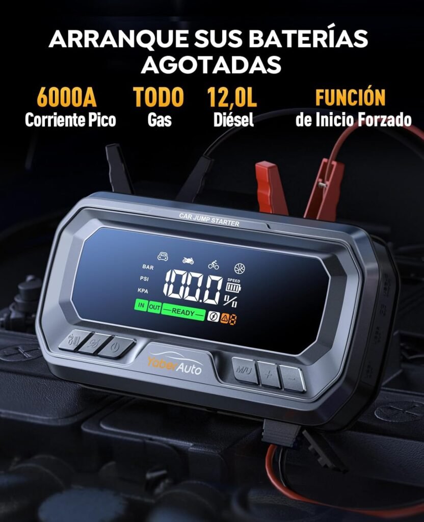 Arrancador de batería YaberAuto YA90, con pantalla digital y compresor de 160 PSI, diseñado para motores grandes y emergencias en carretera