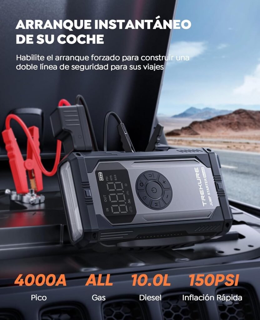 Arrancador de batería Trekure Beta06 con compresor de aire integrado y funciones avanzadas, como pantalla digital y salida de 12V