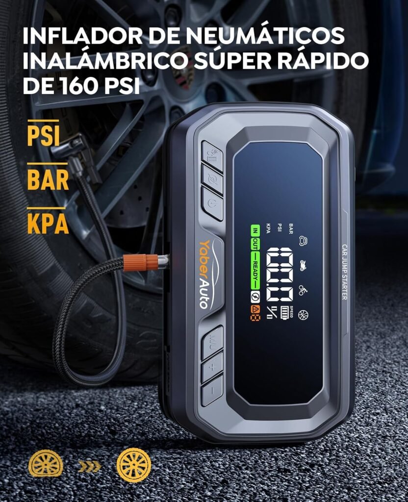 YaberAuto YA90 inflando neumáticos con su compresor integrado de 160 PSI, ideal para emergencias y mantenimiento