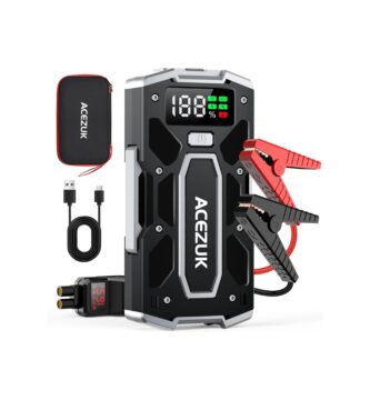 Arrancador de batería ACEZUK M02 con diseño compacto y moderno, incluye cables de arranque y estuche de transporte