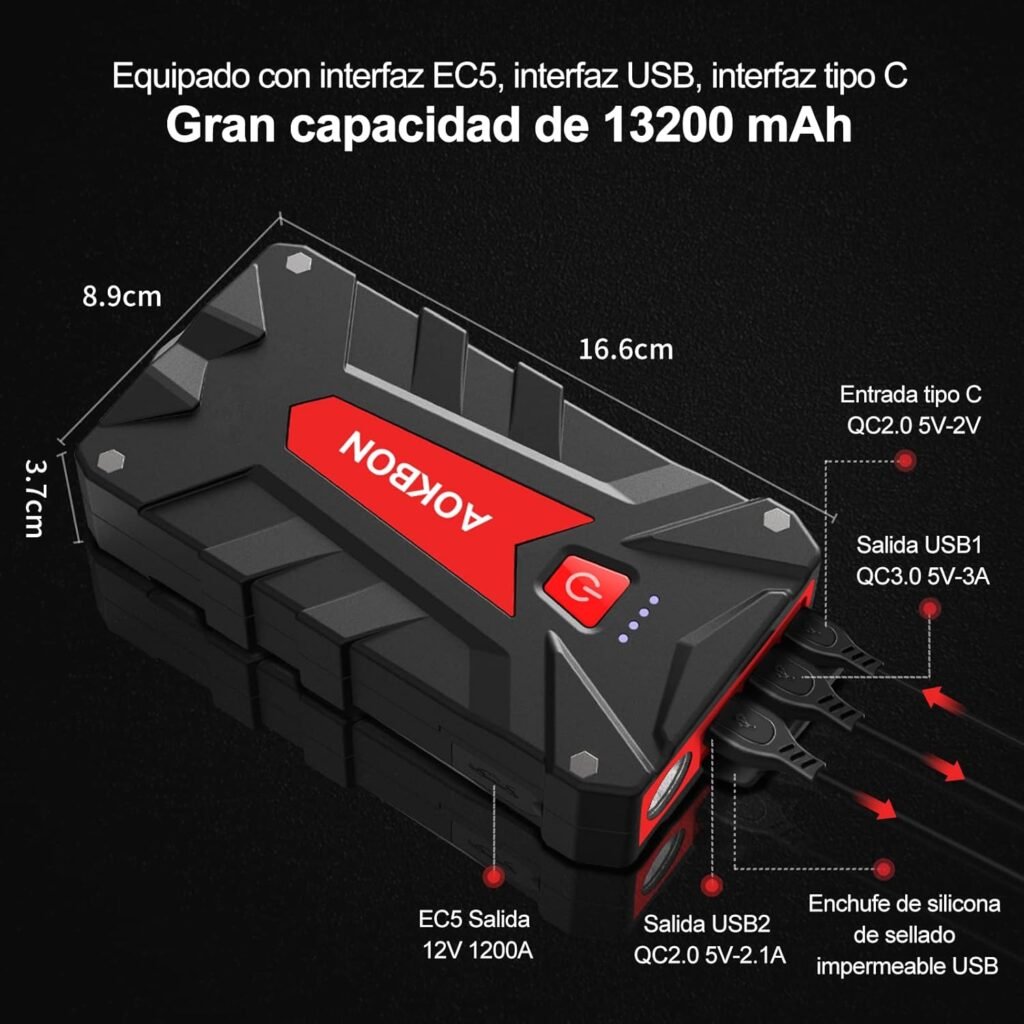 Arrancador de baterías AOKBON 1200A con interfaz USB y Tipo C, 13200mAh de capacidad y diseño compacto