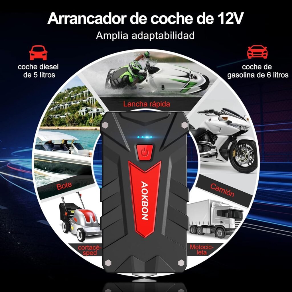 Arrancador de coche AOKBON 1200A con amplia adaptabilidad para vehículos de gasolina y diésel, motocicletas, lanchas y más