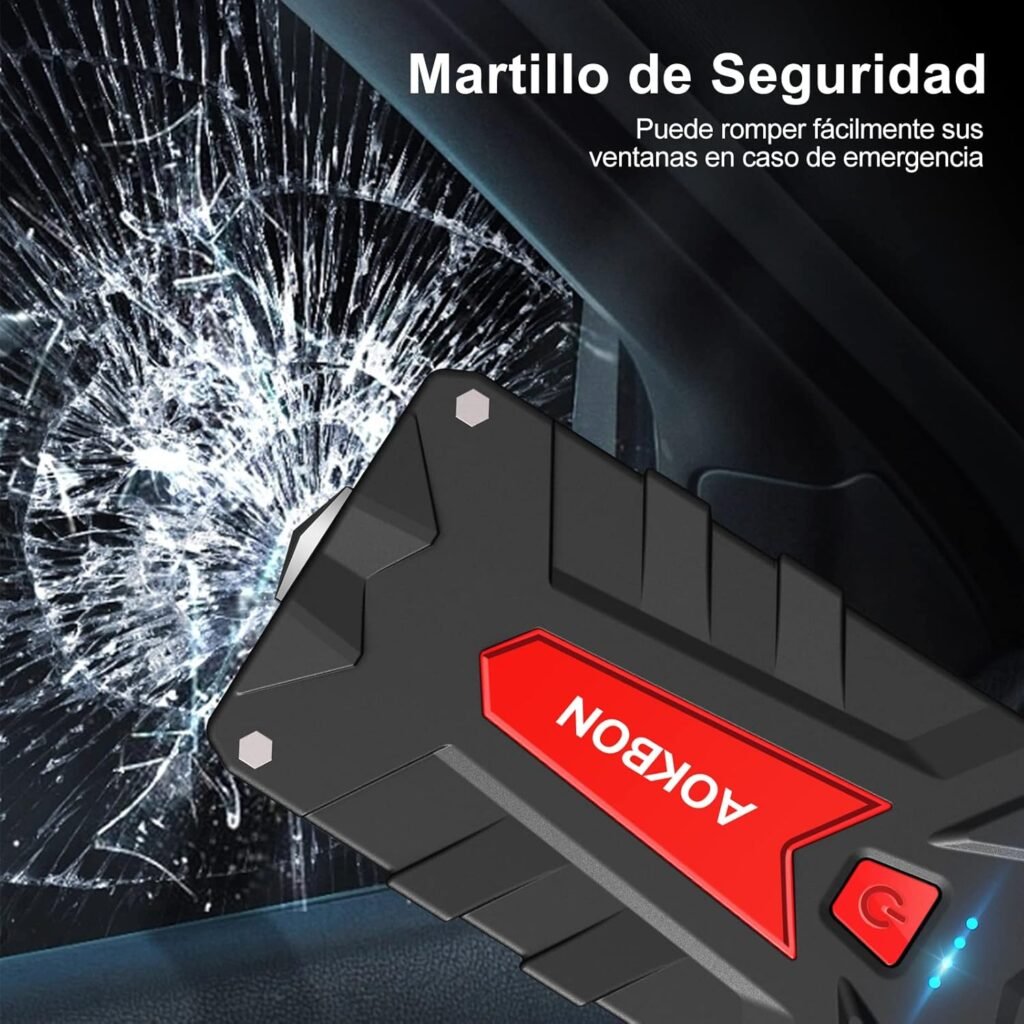 Martillo de seguridad integrado en el arrancador AOKBON 1200A, diseñado para emergencias y rotura de ventanas