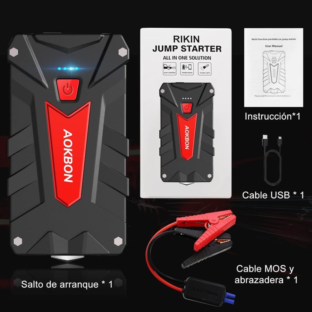 Contenido del paquete del arrancador AOKBON 1200A: cables de arranque, manual de usuario, cable USB y pinzas inteligentes