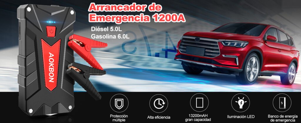 Arrancador de emergencia AOKBON 1200A para motores de gasolina hasta 6.0L y diésel hasta 5.0L, con protección múltiple y alta capacidad