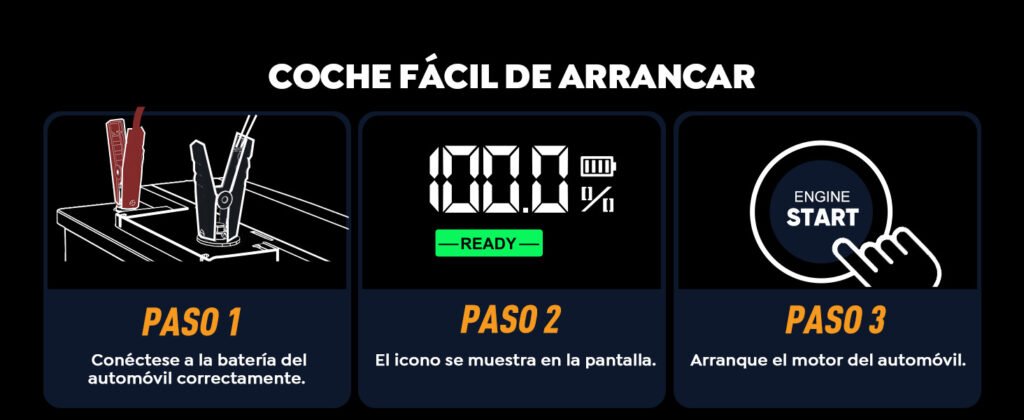 Pasos para arrancar el coche con el arrancador: conexión de pinzas, indicador en pantalla y arranque del motor