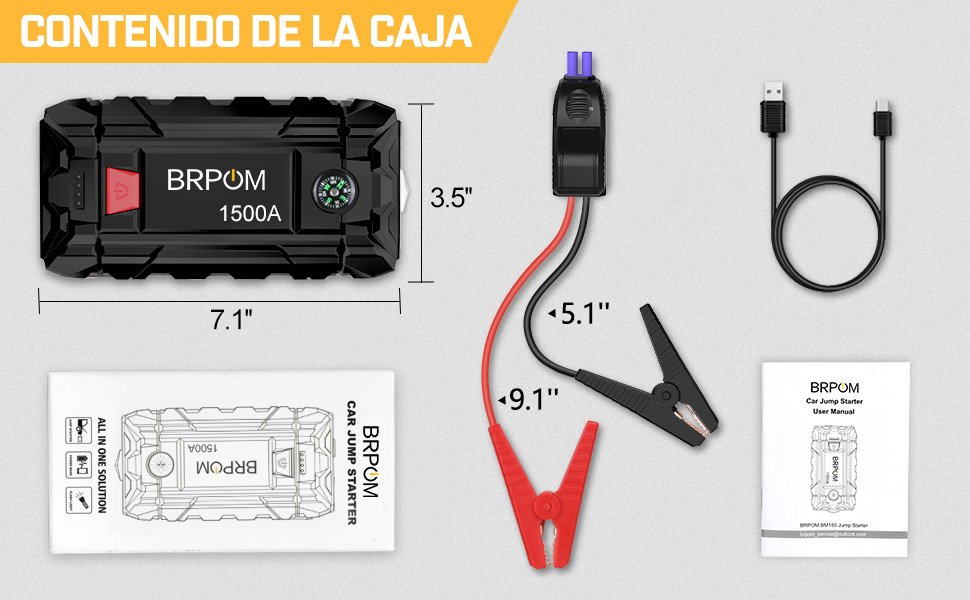 Incluye el arrancador BRPOM 1500A, pinzas inteligentes, cable USB y manual de usuario