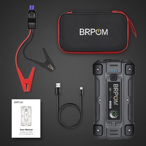 Contenido de la caja del BRPOM 4000A: arrancador, pinzas, cable USB, estuche de transporte y manual de usuario