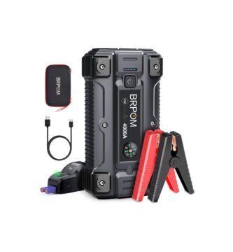 Arrancador BRPOM 4000A con pinzas, cable USB y estuche de transporte