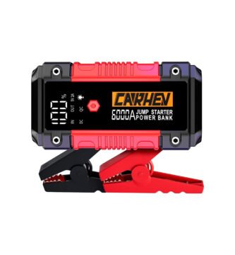 Vista frontal del arrancador de baterías CARHEV JS05, mostrando su diseño compacto y pantalla LCD