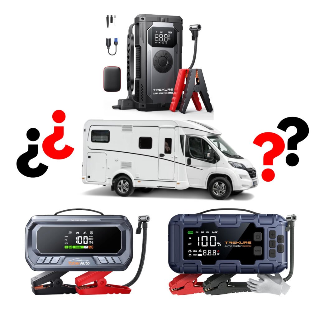 Comparativa de arrancadores de batería con compresor para autocaravanas, destacando el Trekure Beta07, Trekure Beta06 y YaberAuto YA90