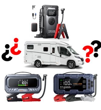 Comparativa de arrancadores de batería con compresor para autocaravanas, destacando el Trekure Beta07, Trekure Beta06 y YaberAuto YA90