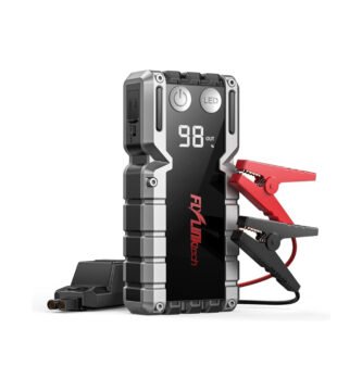 Arrancador de coche FLYLINKTECH 5000A con diseño compacto, indicador LED y pinzas de arranque seguras