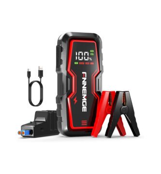 Arrancador de batería FNNEMGE PEAK 6000 con diseño robusto, pantalla LCD y pinzas inteligentes
