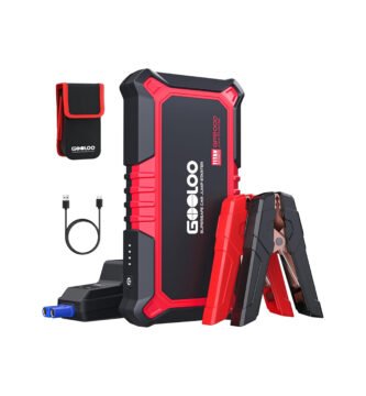 Vista principal del arrancador GOOLOO GP2000 con accesorios incluidos: pinzas de arranque, cable USB y bolsa de transporte
