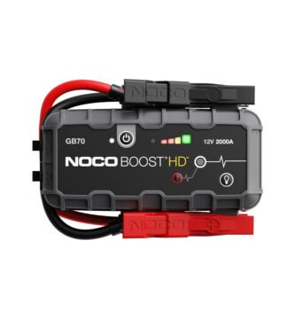 Arrancador de baterías NOCO GB70 con diseño compacto y funcional, ideal para vehículos de gasolina y diésel