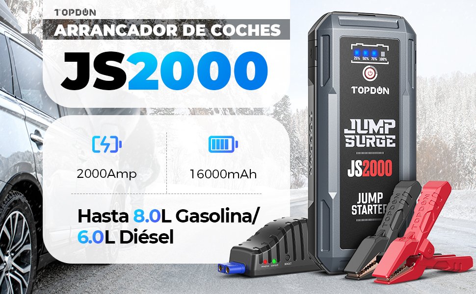 Características principales del TOPDON JS2000: hasta 2000A de corriente y capacidad de 16000mAh