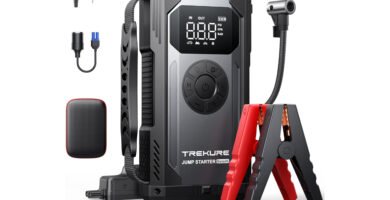 Arrancador de coche TREKURE 4 en 1 con compresor de aire y accesorios incluidos, ideal para emergencias en carretera