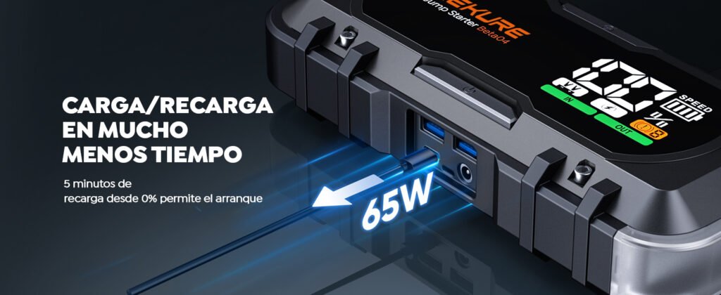 Detalle del sistema de carga del TREKURE Beta04 con tecnología de recarga rápida de 65W